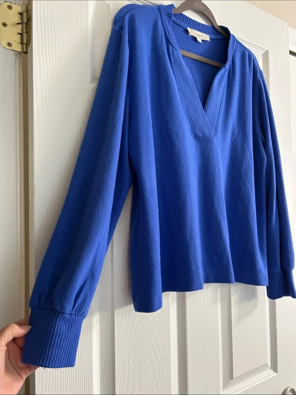LOFT Cobalt Blue Split Neck Ribbed Cuff Knit Blouse Top Large